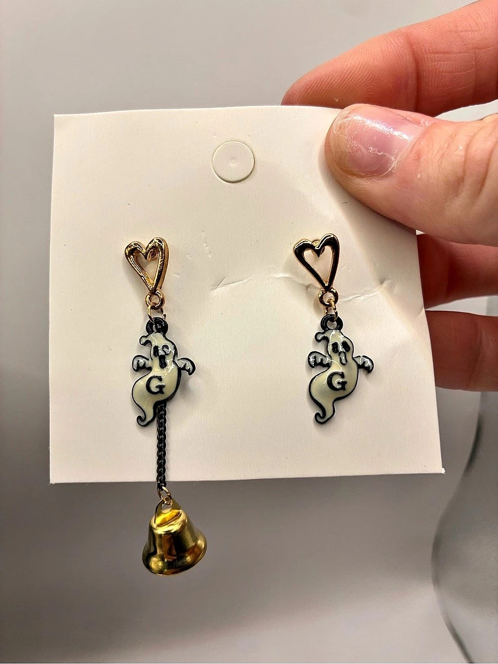 Cute Spooky Ghost Halloween Asymmetric Bell Drop Earrings in Gold